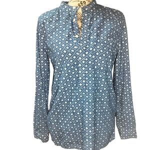 Madewell Women M Steel Blue White Geometric Print 1/2 ButtonUp Henley Collar Top